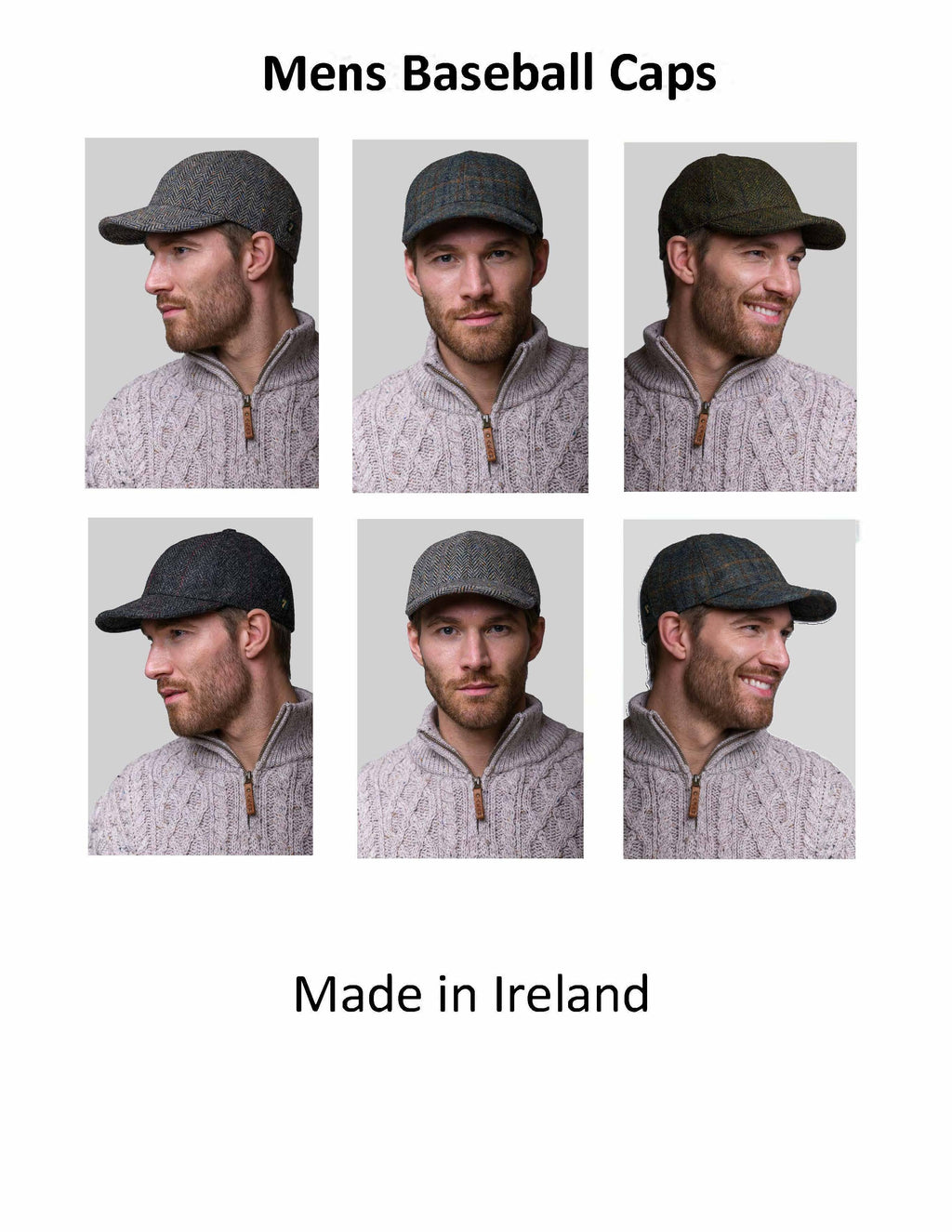 MEN'S BASEBALL CAPS - MADE IN IRELAND - 100% WOOL: Blue Herringbone / Extra Large