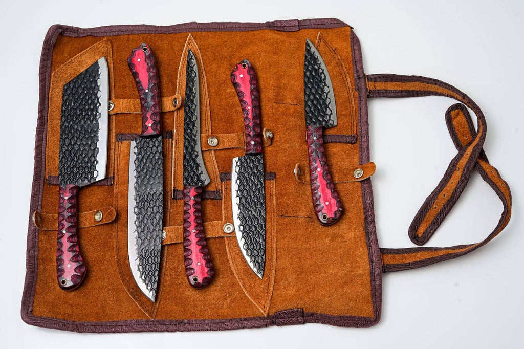 5-Piece Hand-Forged Kitchen Knife Set - Dragon Scale Carbon Steel - Red Diamond Wood Handles & Leather roll