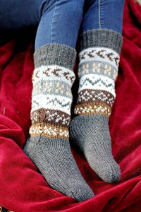 Deluxe Hand Knit Patterned Long Alpaca Socks: Grey / One Size Fits Most