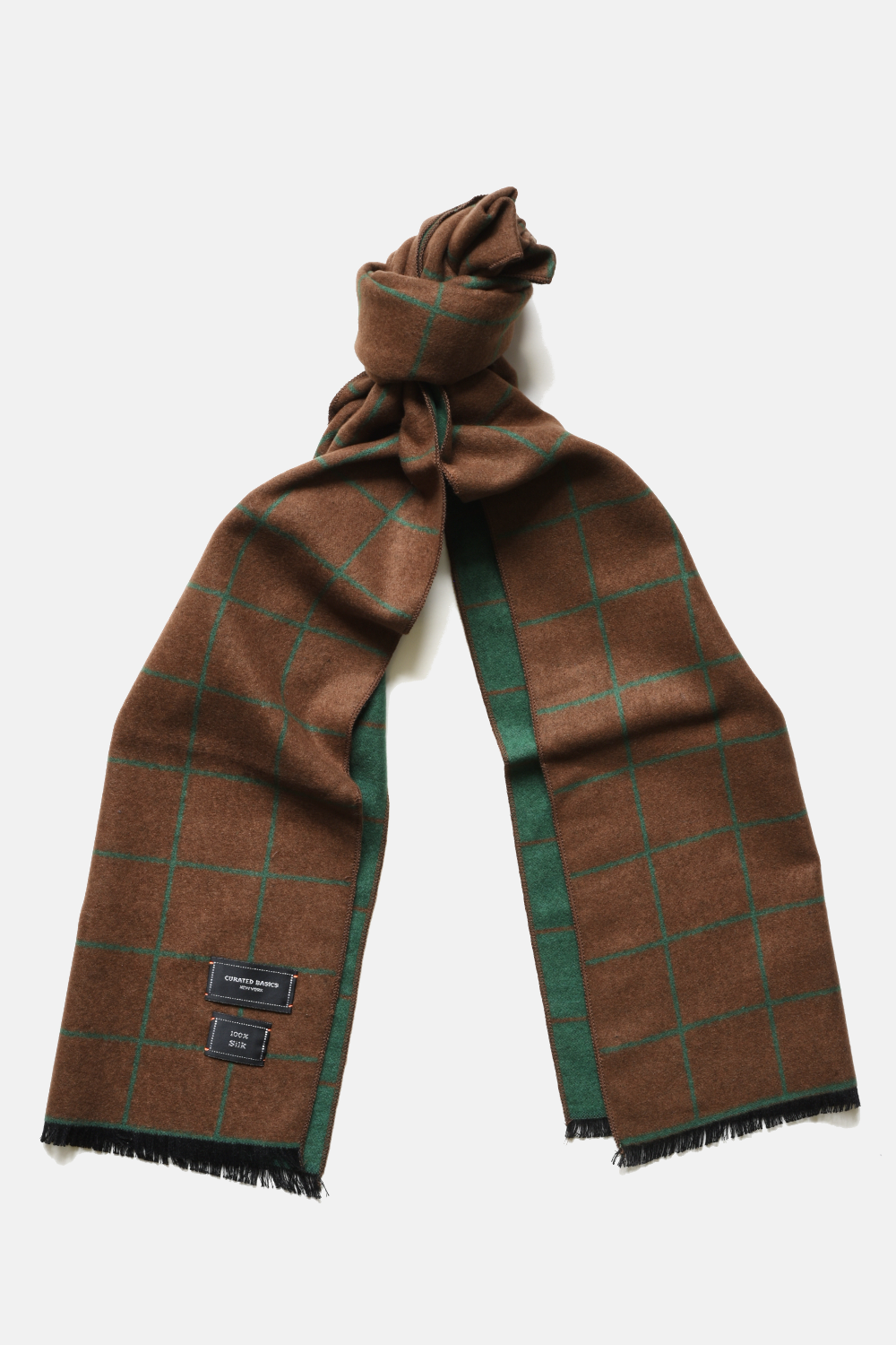Brushed Silk Window-Pane Scarf: Brown/Green