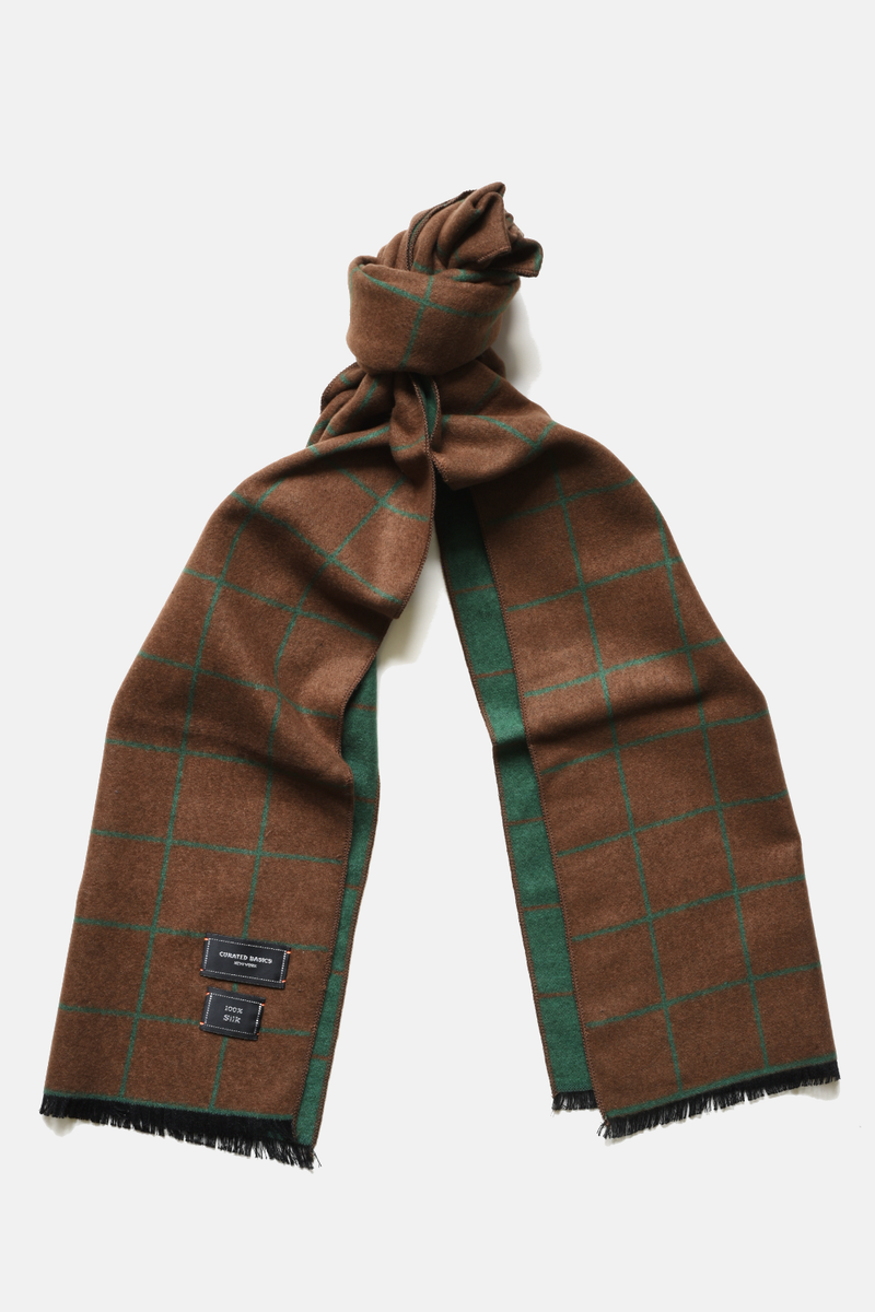Brushed Silk Window-Pane Scarf: Brown/Green