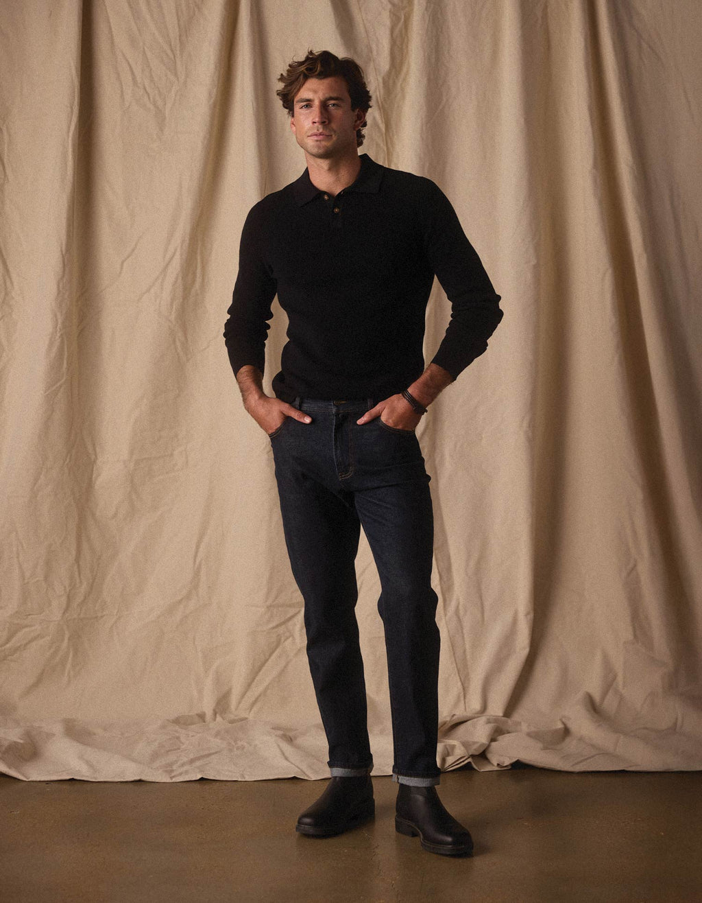 Robles Knit Waffle Stitch Polo in Black