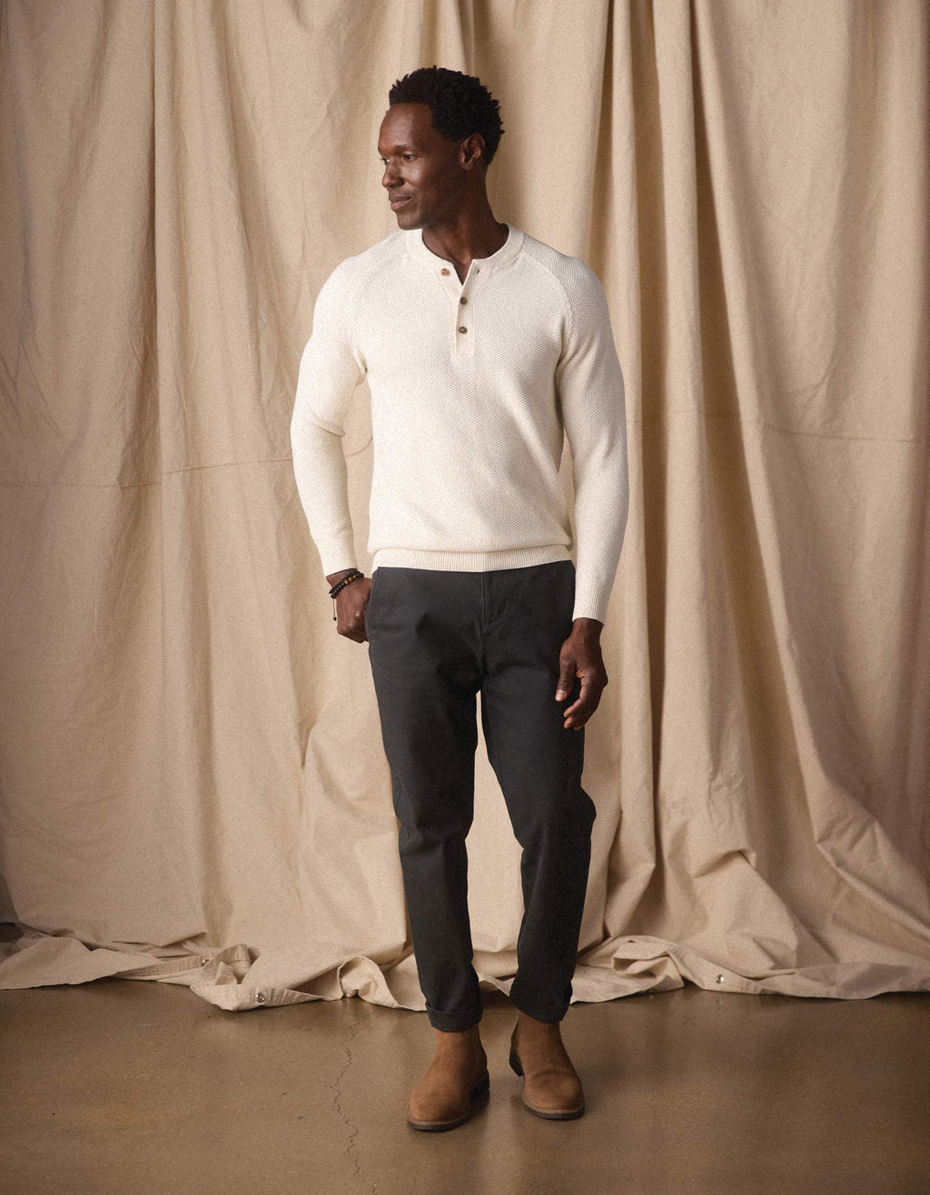 COOLMAX Textured Sweater Henley in Ivory