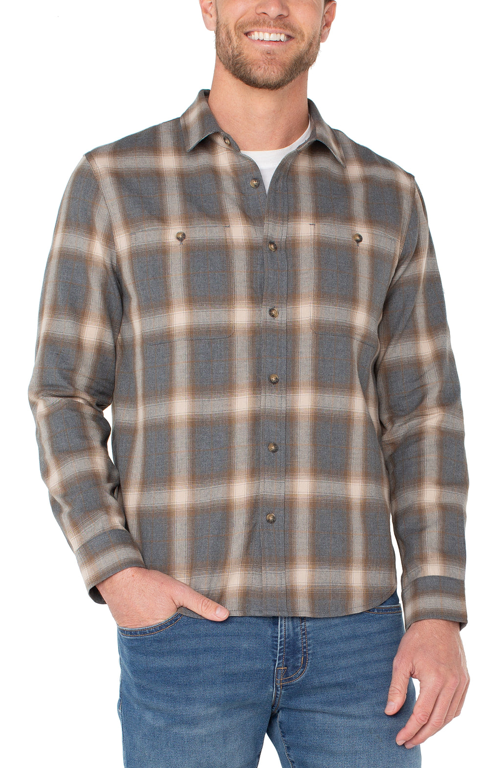 Multi/Beige Double Pocket Button Up