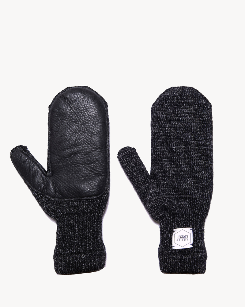 Black Melange Ragg Wool Mitten with Black Deer Skin
