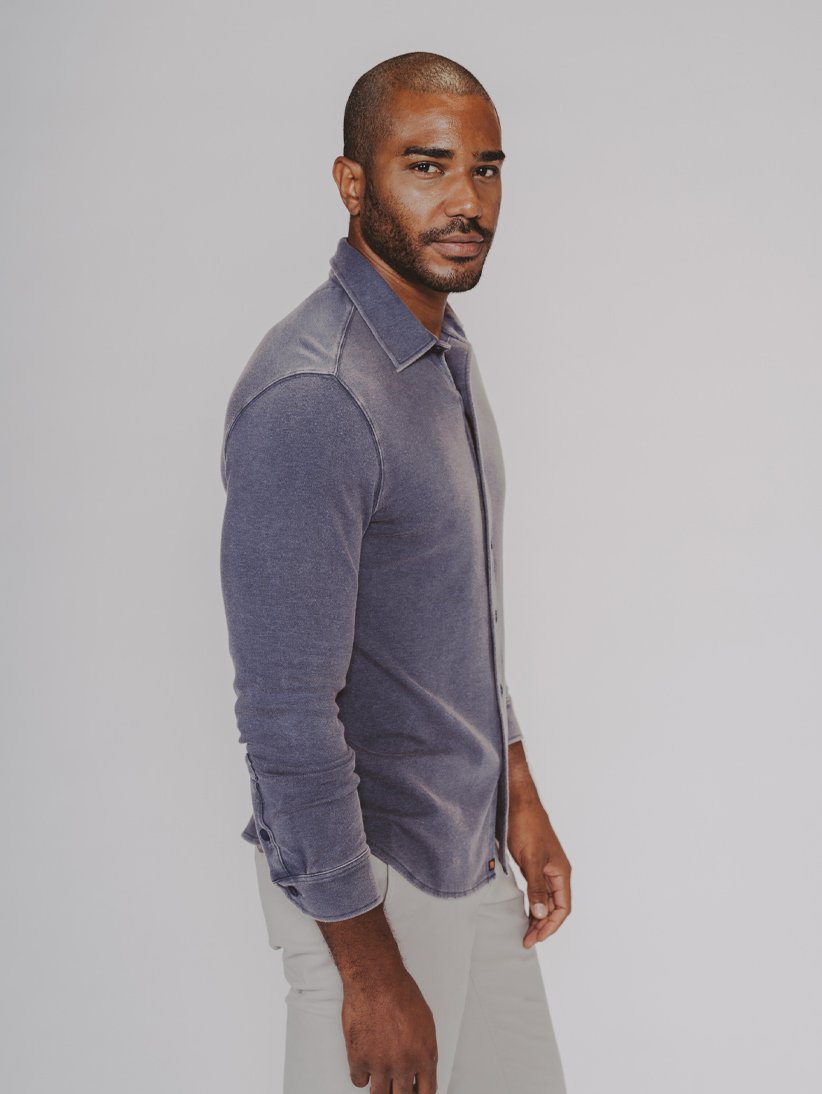Puremeso Acid Wash Button Up Shirt-Navy