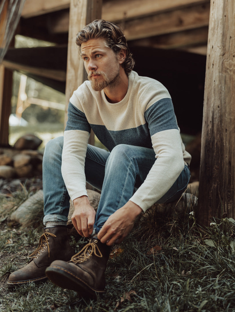 Chenille Stripe Crew Sweater in Ivory