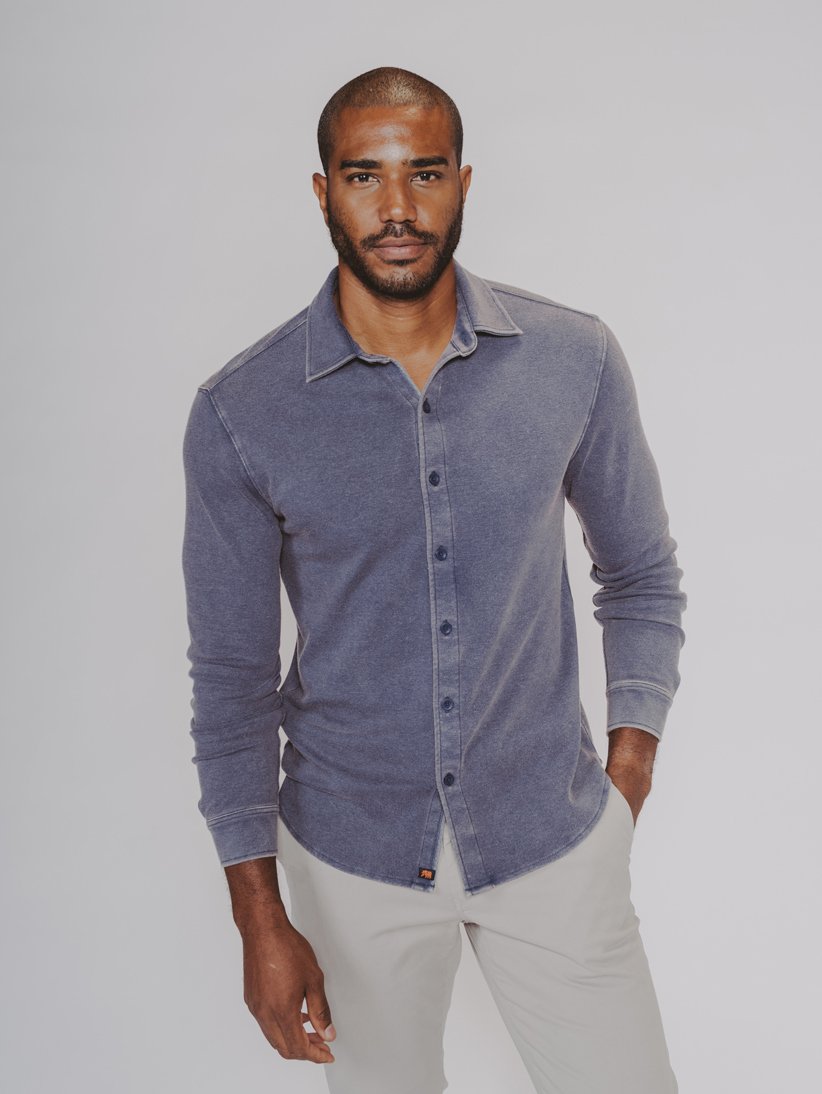 Puremeso Acid Wash Button Up Shirt-Navy